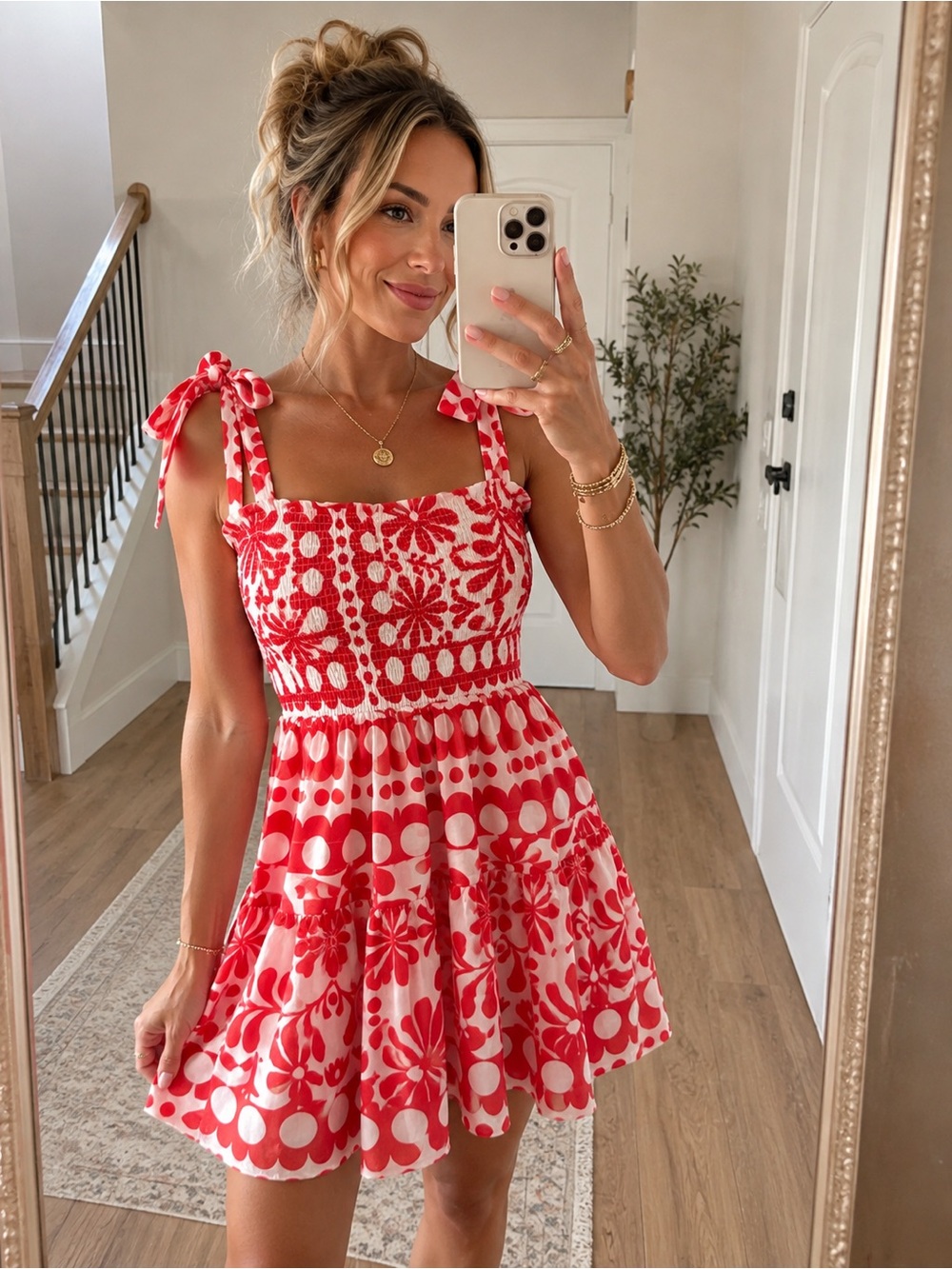 Red & White Floral Tie-Shoulder Mini Dress